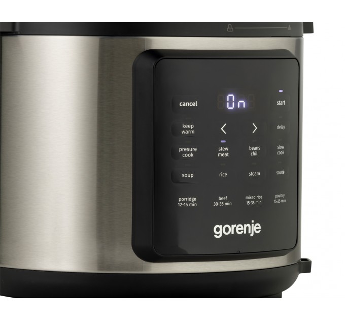 Мультиварка-скороварка Gorenje, 1000Вт, чаша-6л, электронное управл., 8 програм, металл/пластик, черный-нерж
