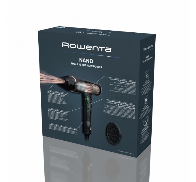 Фен Rowenta T-Shape Maestria Nano, 1700Вт, 3 режими, дифузор, іоніз-я, хол. обдув, чорний
