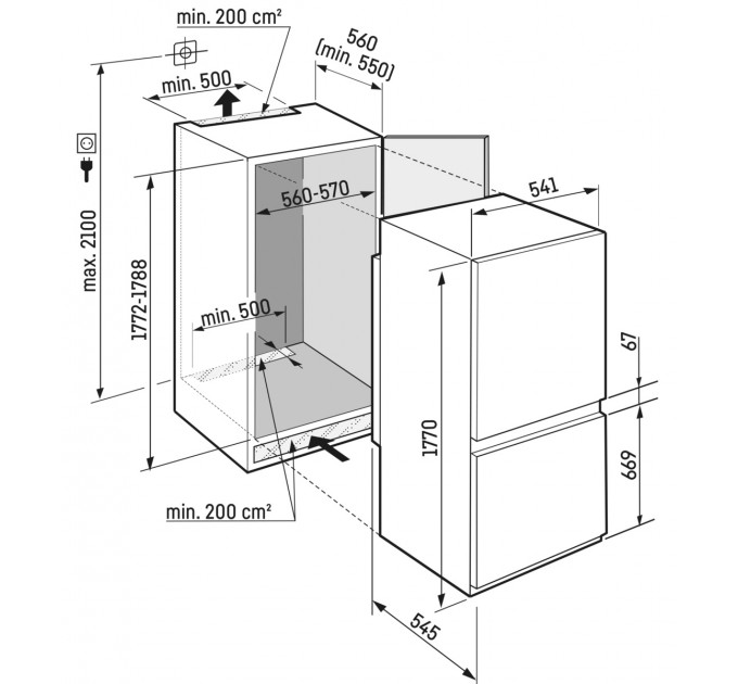 Холодильник Liebherr вбудований з нижн. мороз., 177x54.1х54.5, холод.відд.-182л, мороз.відд.-69л, 2дв., A++, NF, диспл внутр., білий