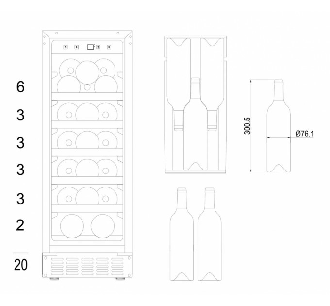 Холодильник Hansa для вина, 82x29.5х61.5, холод.відд.-63л, зон - 1, бут-20, ST, дисплей, чорний