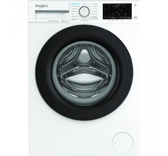 Стиральная машина Whirlpool фронтальная, 7кг, 1200, A+++, 49.6см, дисплей, пар, инвертор, люк черный, белый