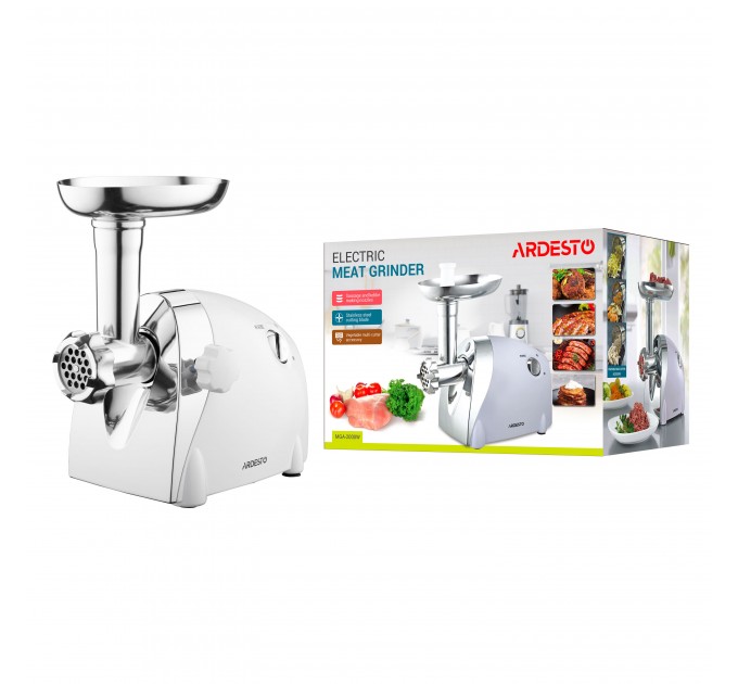 М'ясорубка ARDESTO, 2000Вт, продук.-1.9кг/хв, 3 решітки + для ковб., кеббе, 3 терки, пластик, біло-сріблястий