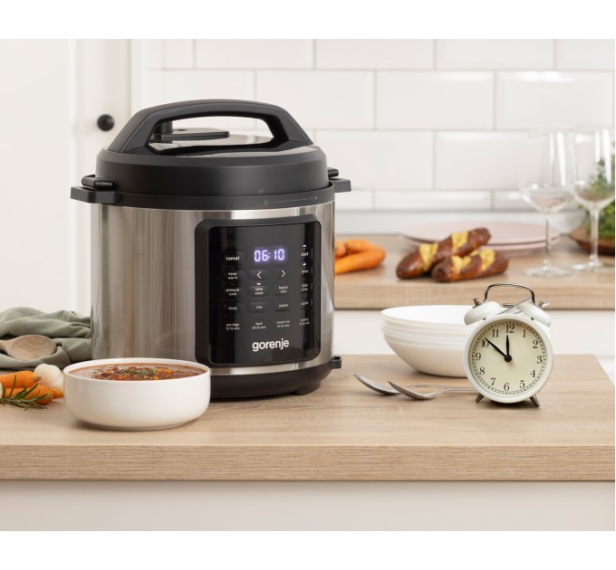 Мультиварка-скороварка Gorenje, 1000Вт, чаша-6л, электронное управл., 8 програм, металл/пластик, черный-нерж
