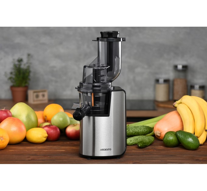 Соковыжималка ARDESTO шнековая 200Вт, чаша-0.6л, жмых-0.6л, пластик/металл, серебристо-черный