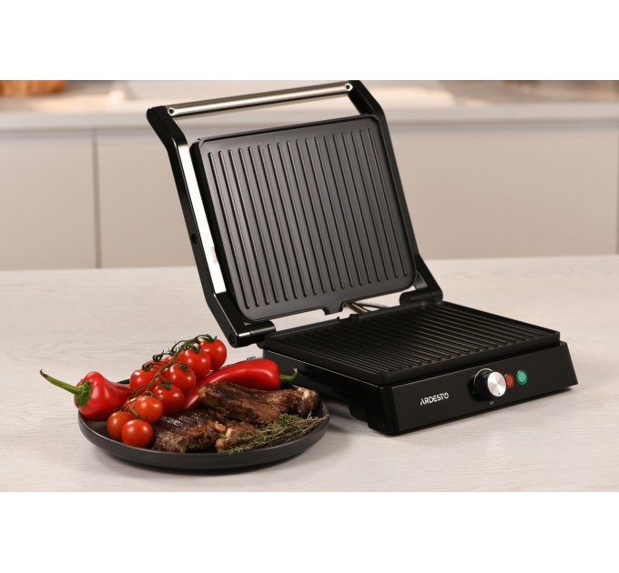 Гриль ARDESTO прижимной 1800Вт, раскрытие на 180°, металл, черно-серебристый