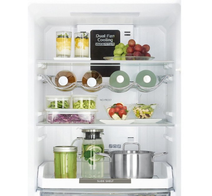 Холодильник Hitachi с нижн. мороз., 190x60х65, холод.отд.-215л, мороз.отд.-115л, 2дв., А++, NF, инв., зона нулевая, белый (стекло)