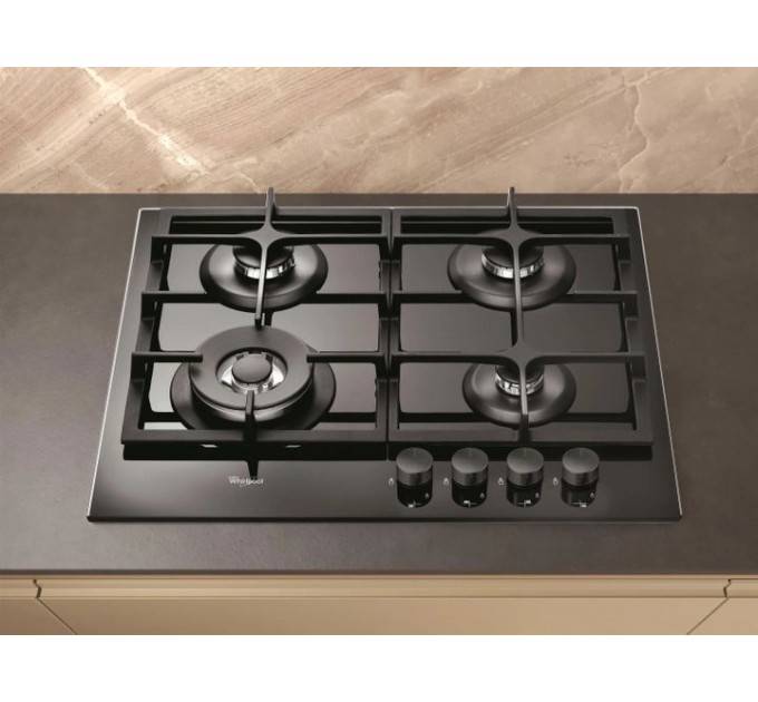 Варочная поверхность Whirlpool газ на стекле, 60см, чугун, конфорка с двойным рядом пламени, черный