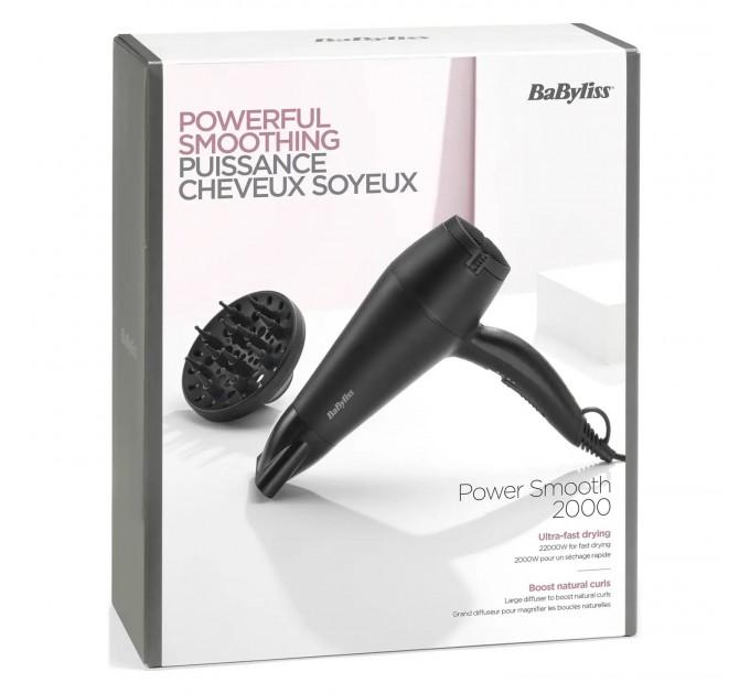 Фен Babyliss, 2000Вт, режимов-2, ионизиция, хол. обдув, 2 насадки, черный