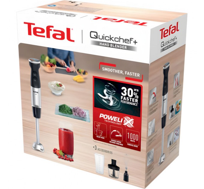 Блендер Tefal погружной Quickchef+ 1000Вт, 3в1, чаша-800мл, чопер-500мл, турборежим, серебристо-черный