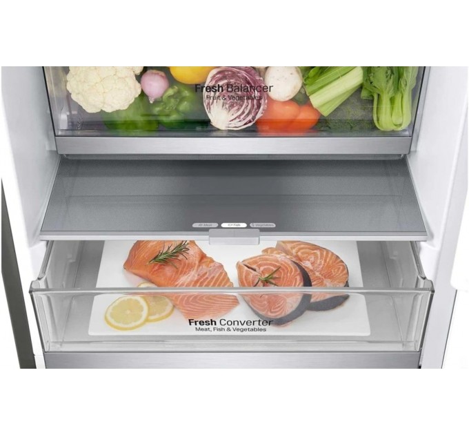 Холодильник LG с нижн. мороз., 203x60х68, холод.отд.-277л, мороз.отд.-107л, 2дв., А++, NF, инв., диспл внешн., Fresh Сonverter, Metal Fresh, серебристый