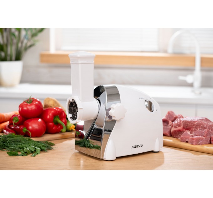 М'ясорубка ARDESTO, 2000Вт, продук.-1.9кг/хв, 3 решітки + для ковб., кеббе, 3 терки, пластик, біло-сріблястий