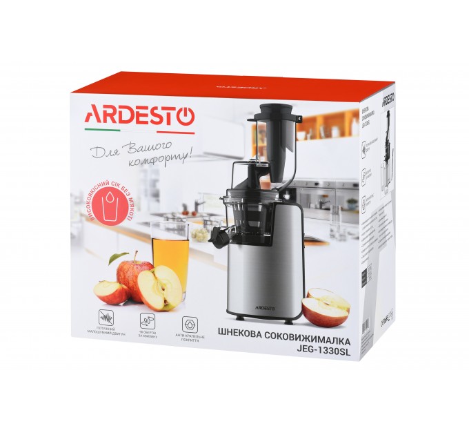 Соковыжималка ARDESTO шнековая 200Вт, чаша-0.6л, жмых-0.6л, пластик/металл, серебристо-черный