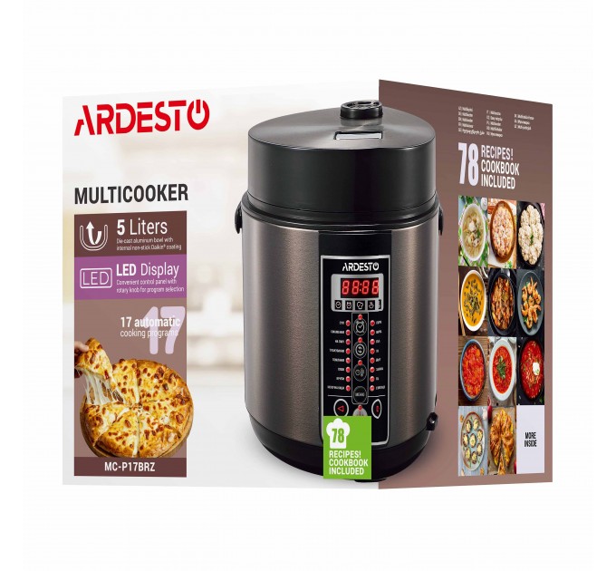 Мультиварка ARDESTO, 860Вт, чаша-5л, электр. управление, металл/пластик, бронзовый