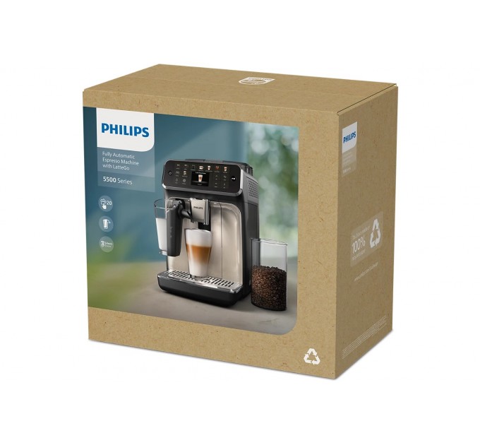 Кофемашина Philips Series 5500, 1.8л, зерно+мол., автомат.капуч, дисплей, авторецептов -22, холодн. кафе, серебристо-черный