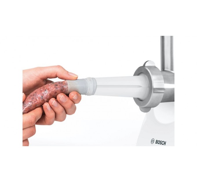 Мясорубка Bosch, 1500Вт, 1.8кг/мин, 2 решетки, насадка для колбас, кеббе, пластик, белый
