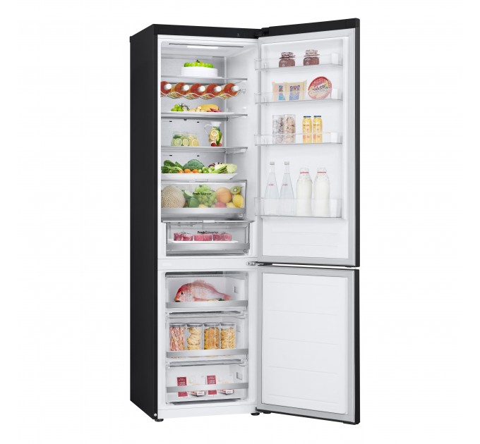 Холодильник LG з нижн. мороз., 203x60х68, холод.відд.-277л, мороз.відд.-110л, 2дв., E, NF, інв., диспл зовн., Fresh Сonverter, Metal Fresh, чорний