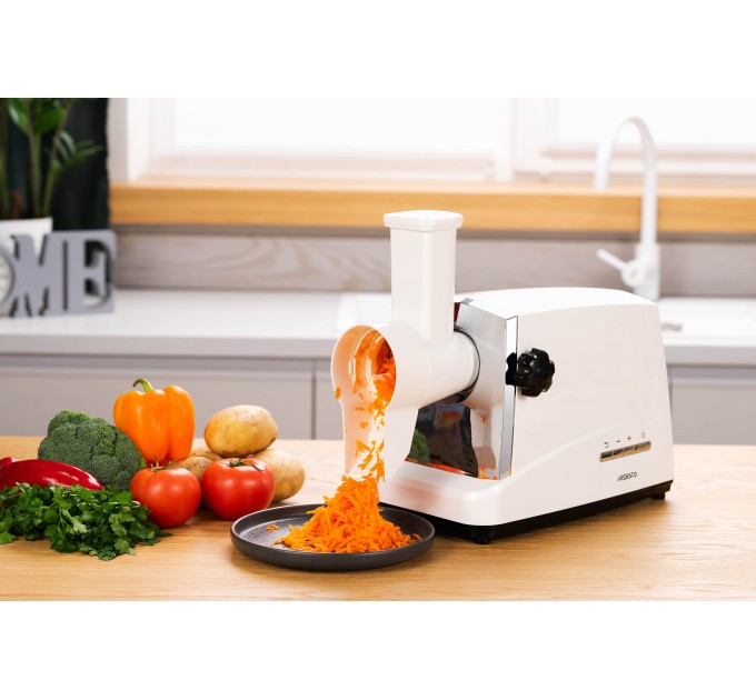 М'ясорубка ARDESTO, 1750Вт, 2кг/хв, 3 решітки, насадка для ковбас, кеббе, 4 терки, пластик, біло-сріблястий