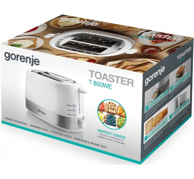 Тостер Gorenje, 850Вт, функц. розморожування, автовідключення, пластик/метал, білий