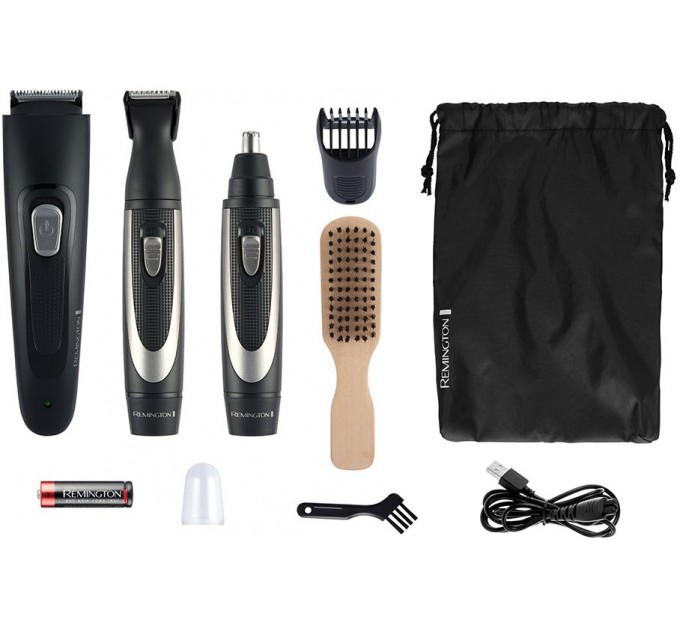 Набор триммеров Remington WORKS для бороды, усов, носа, ушей, сеть+1хАА, чехол, расческа, сталь, черный