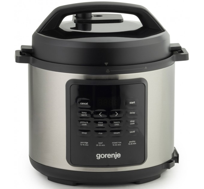 Мультиварка-скороварка Gorenje, 1000Вт, чаша-6л, электронное управл., 8 програм, металл/пластик, черный-нерж