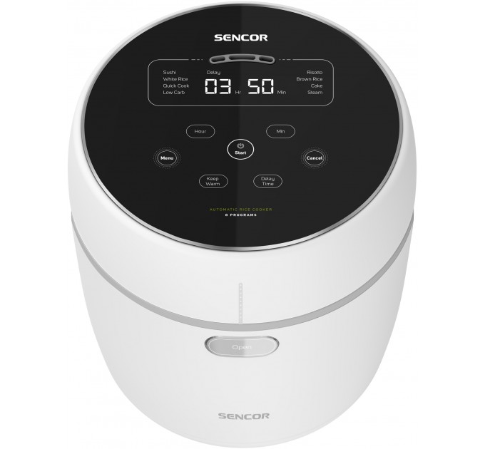 Рисоварка Sencor 350Вт, чаша-0.6л, сенсорне керування, 8 програм, нерж. сталь, пластик, білий