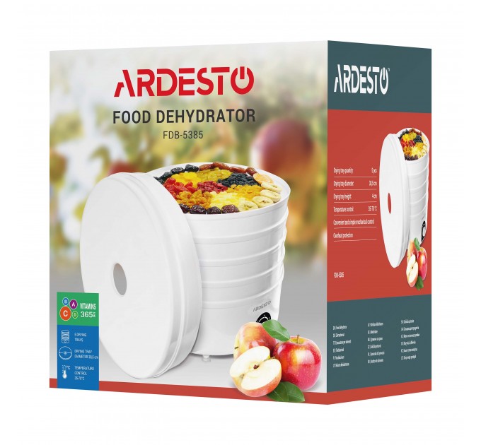 Сушка для продуктов ARDESTO FDB-5385, 520Вт, поддонов -5x4см, диаметр-38,5см, макс-70°С, рег.темп, пластик, белый