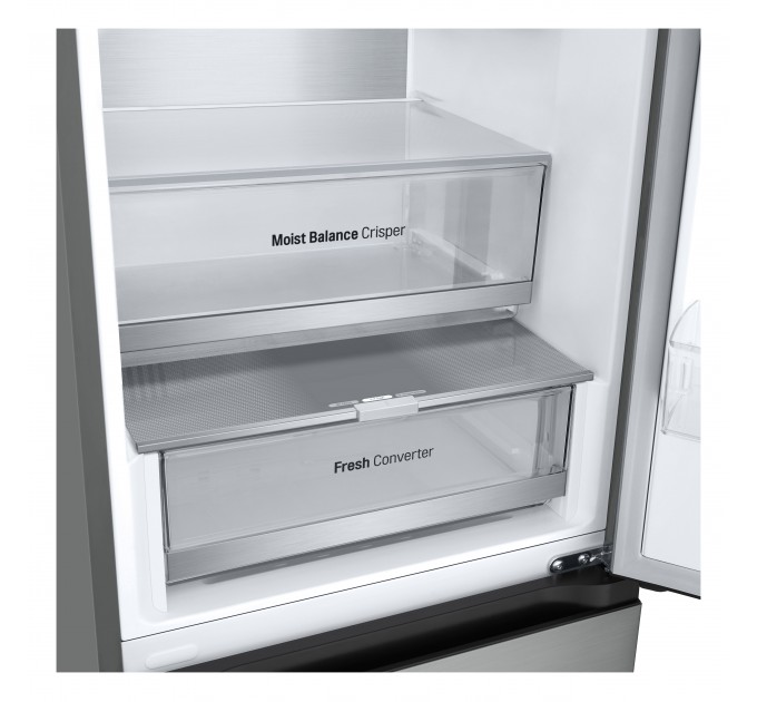 Холодильник LG з нижн. мороз., 203x60х68, холод.відд.-277л, мороз.відд.-110л, 2дв., E, NF, інв., диспл зовн., Fresh Сonverter, Metal Fresh, сріблястий