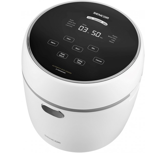 Рисоварка Sencor 350Вт, чаша-0.6л, сенсорне керування, 8 програм, нерж. сталь, пластик, білий
