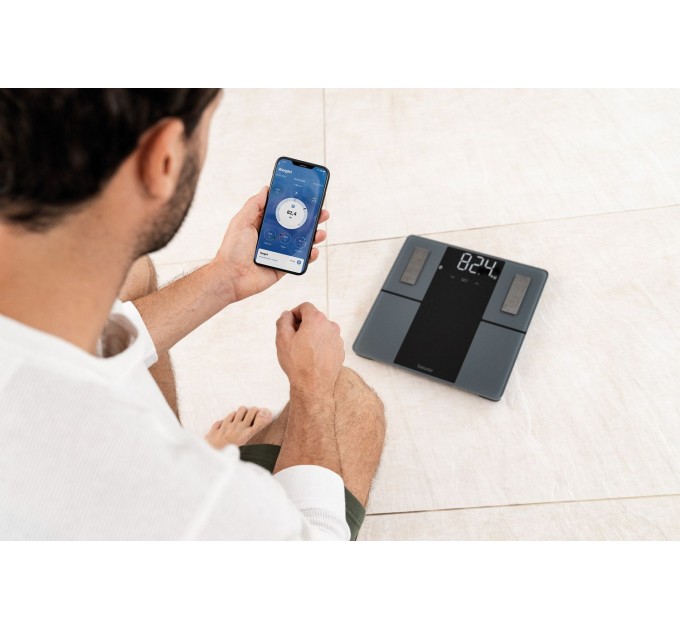 Ваги Beurer підлогові, 180кг, підкл. до смартфону, сенс. керування, AAAx3 в комплекті, скло, чорний