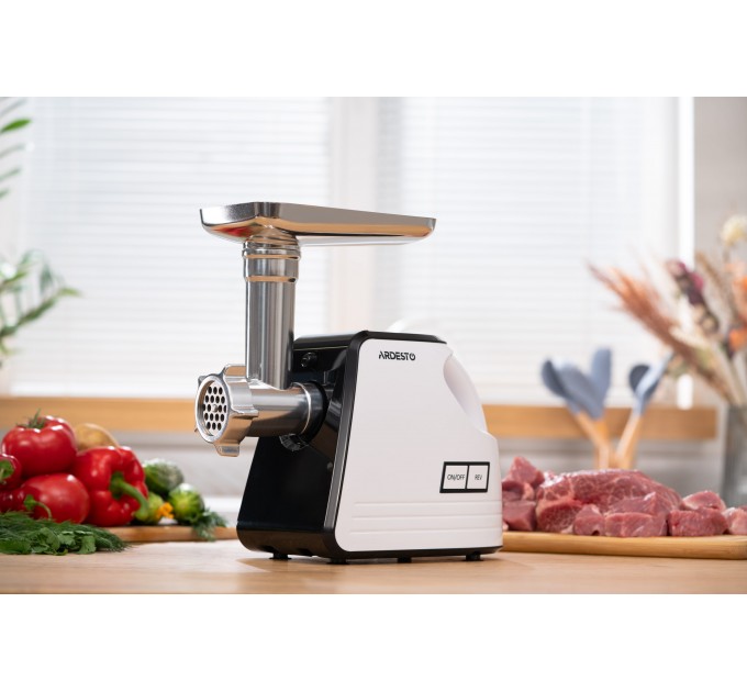 М'ясорубка ARDESTO, 2300Вт, продук.-2.2кг/хв, 4 решітки + для ковб., кеббе, насадка для томатів, пластик, біло-чорний