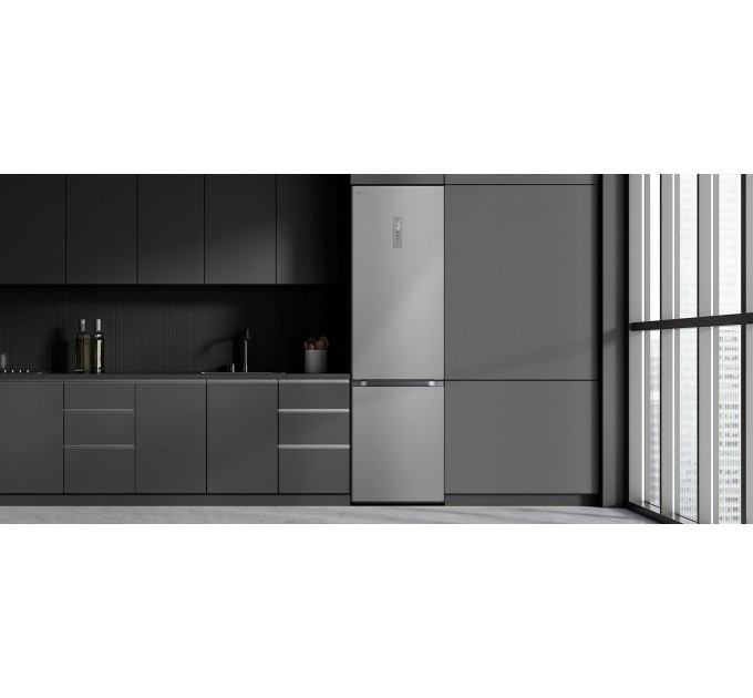 Холодильник LG з нижн. мороз., 203x60х68, холод.відд.-277л, мороз.відд.-110л, 2дв., E, NF, інв., диспл зовн., Fresh Сonverter, Metal Fresh, сріблястий