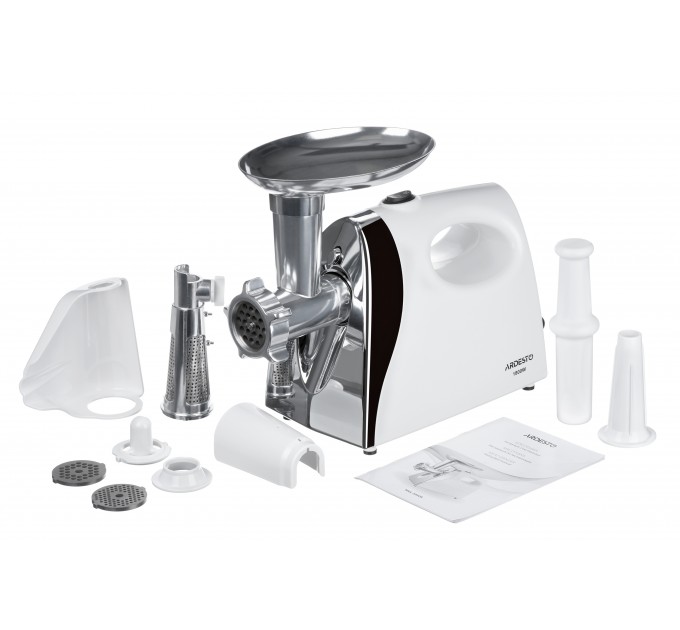 Мясорубка ARDESTO, 1800Вт, 2кг/мин, 3 решетки, насадка для колбас, кеббе, томатов, пластик, бело-серебристый
