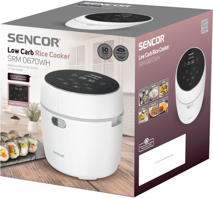Рисоварка Sencor 350Вт, чаша-0.6л, сенсорне керування, 8 програм, нерж. сталь, пластик, білий