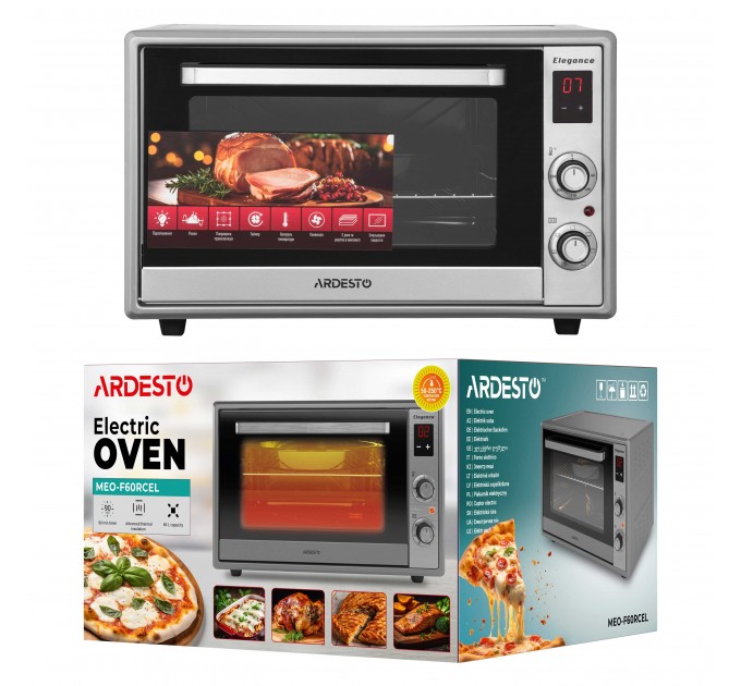 Піч електрична ARDESTO Elegance, 60л, 2000Вт, електр., конвекція, подвійне скло, рожен, сірий