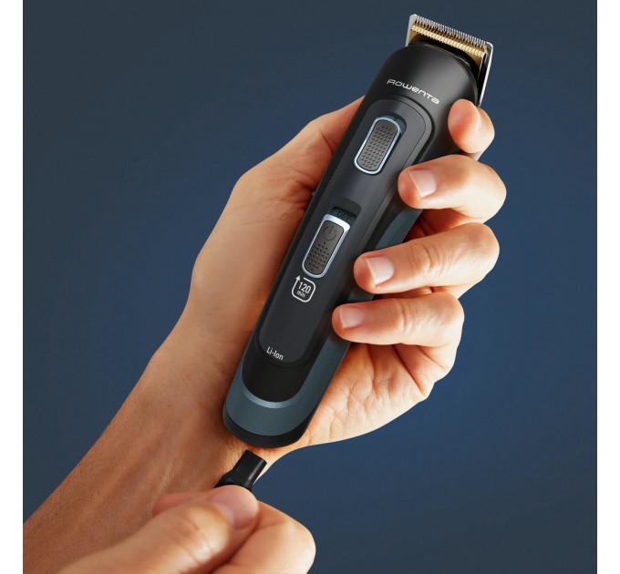 Тример Rowenta Selectium, для бороди, вусів, голови, носа, вух і тіла, мережа+акум., роторний мотор, насадок-17, чохол, титан.напил., чорний