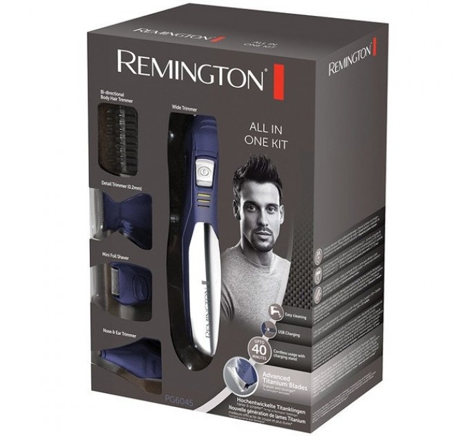 Набір для стрижки Remington All in one kit, для бороди, вусів, голови і тіла, мережа+акум., насадок-11, титан.напил., синьо-сріблястий