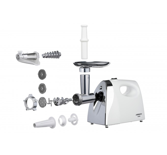 Мясорубка ARDESTO, 1800Вт, 2кг/мин, 3 решетки, насадка для колбас, кеббе, томатов, пластик, бело-серебристый