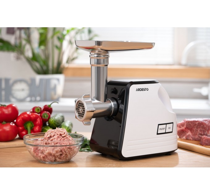 М'ясорубка ARDESTO, 2300Вт, продук.-2.2кг/хв, 4 решітки + для ковб., кеббе, насадка для томатів, пластик, біло-чорний