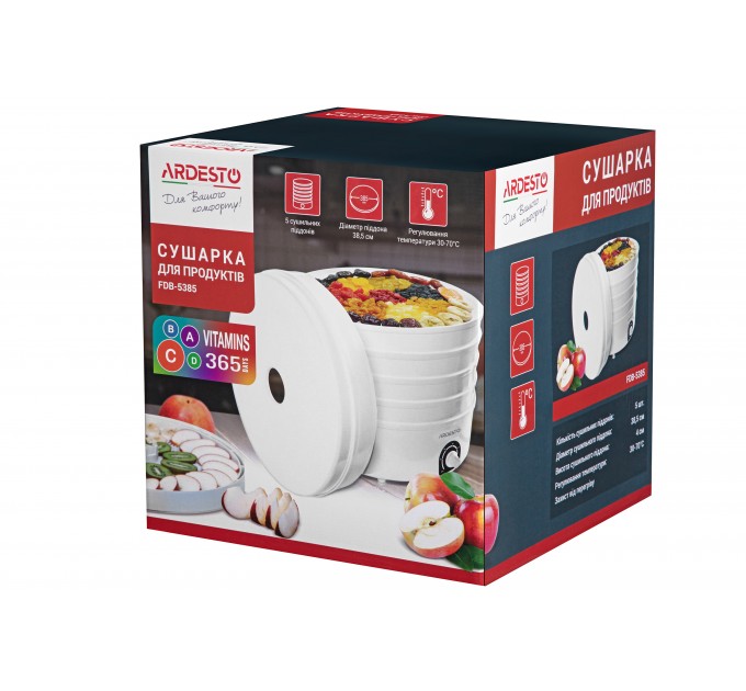 Сушка для продуктов ARDESTO FDB-5385, 520Вт, поддонов -5x4см, диаметр-38,5см, макс-70°С, рег.темп, пластик, белый