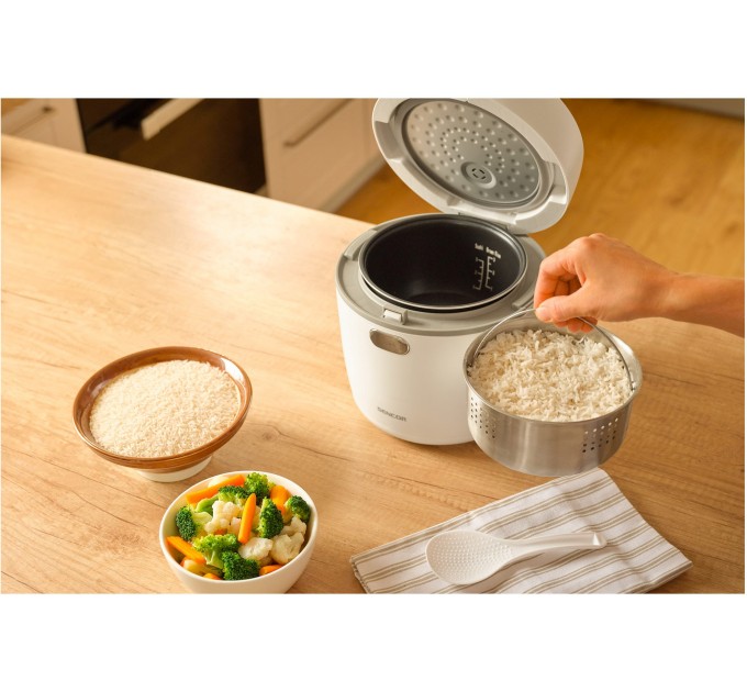 Рисоварка Sencor 350Вт, чаша-0.6л, сенсорне керування, 8 програм, нерж. сталь, пластик, білий