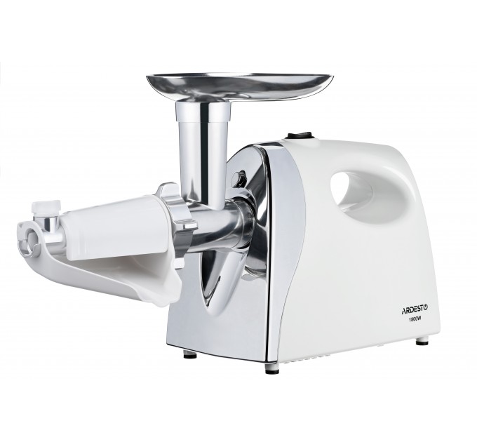 Мясорубка ARDESTO, 1800Вт, 2кг/мин, 3 решетки, насадка для колбас, кеббе, томатов, пластик, бело-серебристый