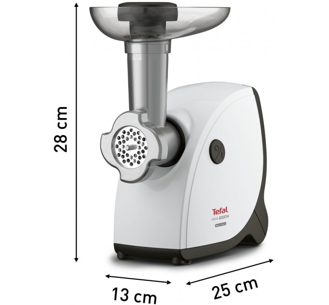 М'ясорубка Tefal HV4, 2000Вт, 2.3кг/хв, 3 решітки, насадка для ковбас, кеббе, томатів, пластик, біло-чорний