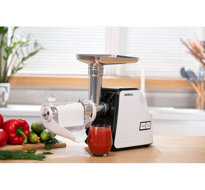 М'ясорубка ARDESTO, 2300Вт, продук.-2.2кг/хв, 4 решітки + для ковб., кеббе, насадка для томатів, пластик, біло-чорний