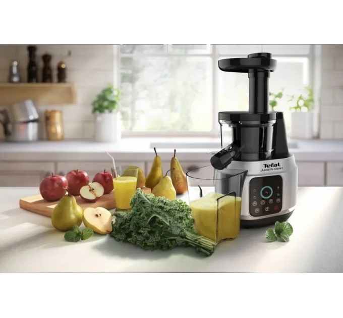 Соковыжималка Tefal Juice&Clean шнековая 150Вт, чаша-0.8л, жмых-0.8л, пластик, серебристо-черный