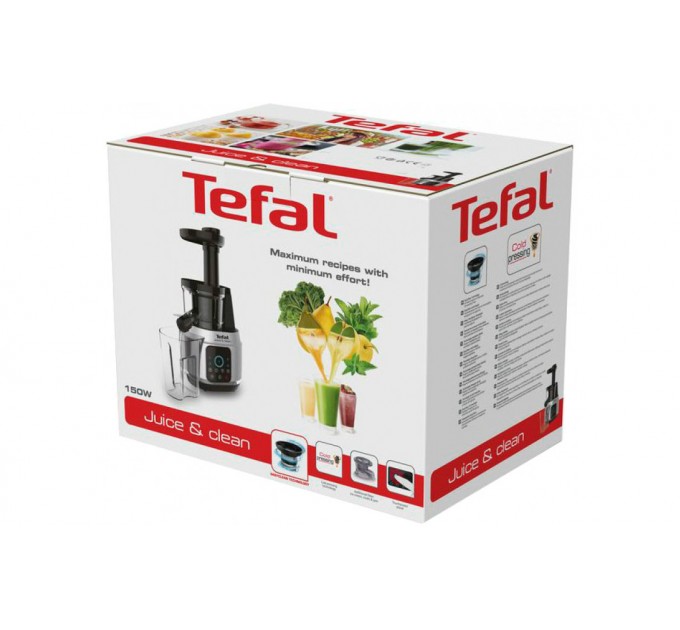 Соковыжималка Tefal Juice&Clean шнековая 150Вт, чаша-0.8л, жмых-0.8л, пластик, серебристо-черный