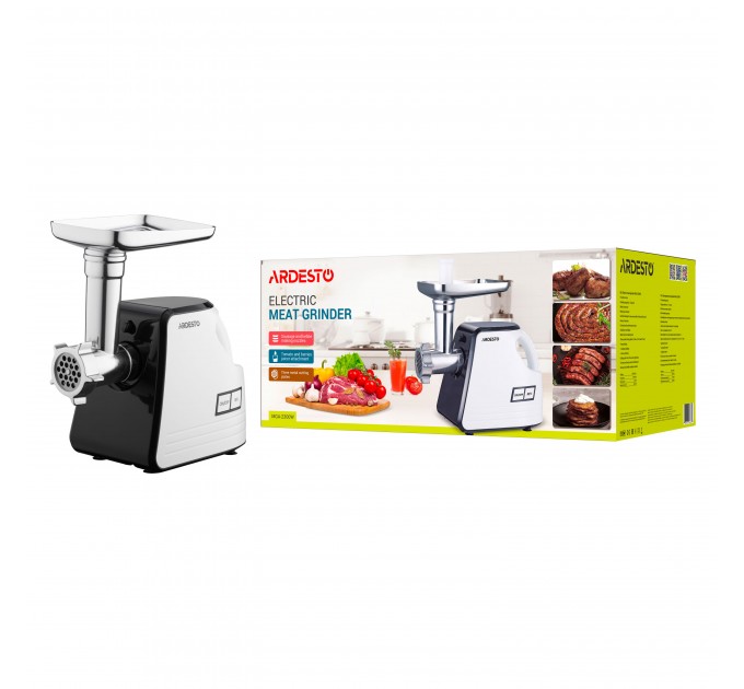 М'ясорубка ARDESTO, 2300Вт, продук.-2.2кг/хв, 4 решітки + для ковб., кеббе, насадка для томатів, пластик, біло-чорний