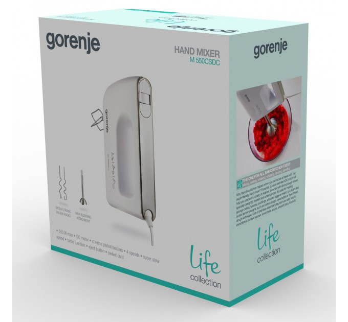 Миксер Gorenje ручной 550Вт, насадки-4 + блендер, турборежим, белый
