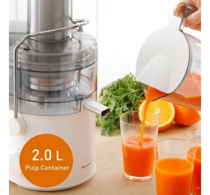 Соковыжималка Panasonic центробежная 1000Вт, чаша-1.5л, жмых-2л, желоб на целое яблоко, пластик/металл, белый