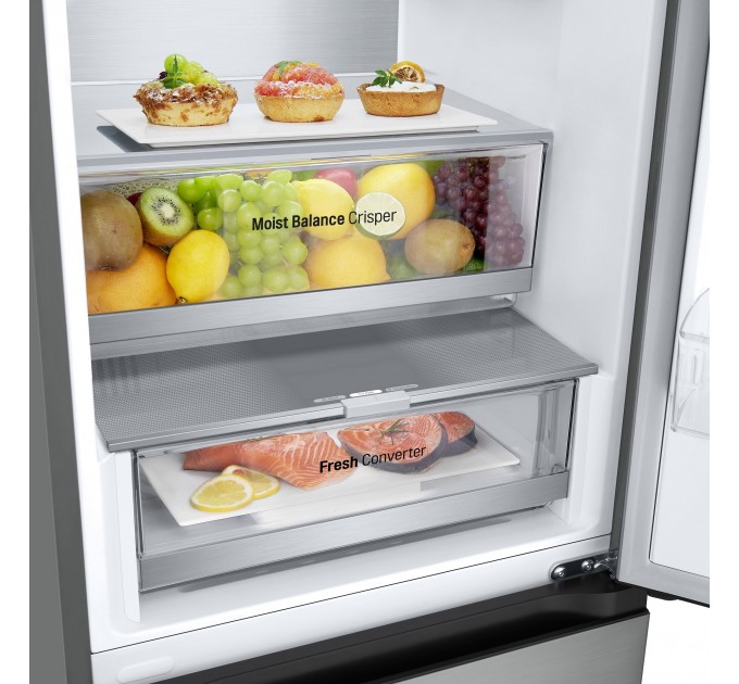 Холодильник LG с нижн. мороз., 186x60х68, холод.отд.-234л, мороз.отд.-110л, 2дв., E, NF, инв., диспл внешн., Fresh Сonverter, Metal Fresh, серебристый