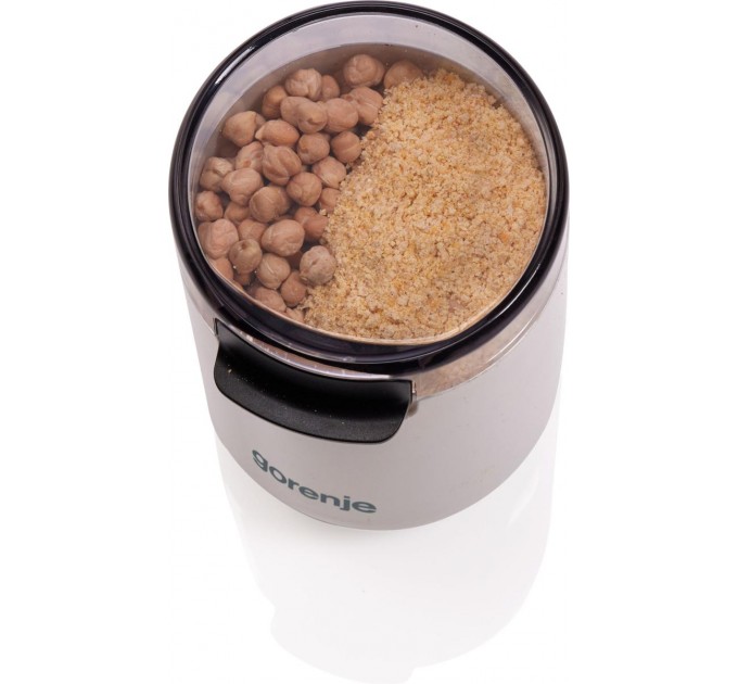 Кавомолка Gorenje роторна 150Вт, об'єм зерен-45г, 3 ступеня помолу, пластик/метал, білий